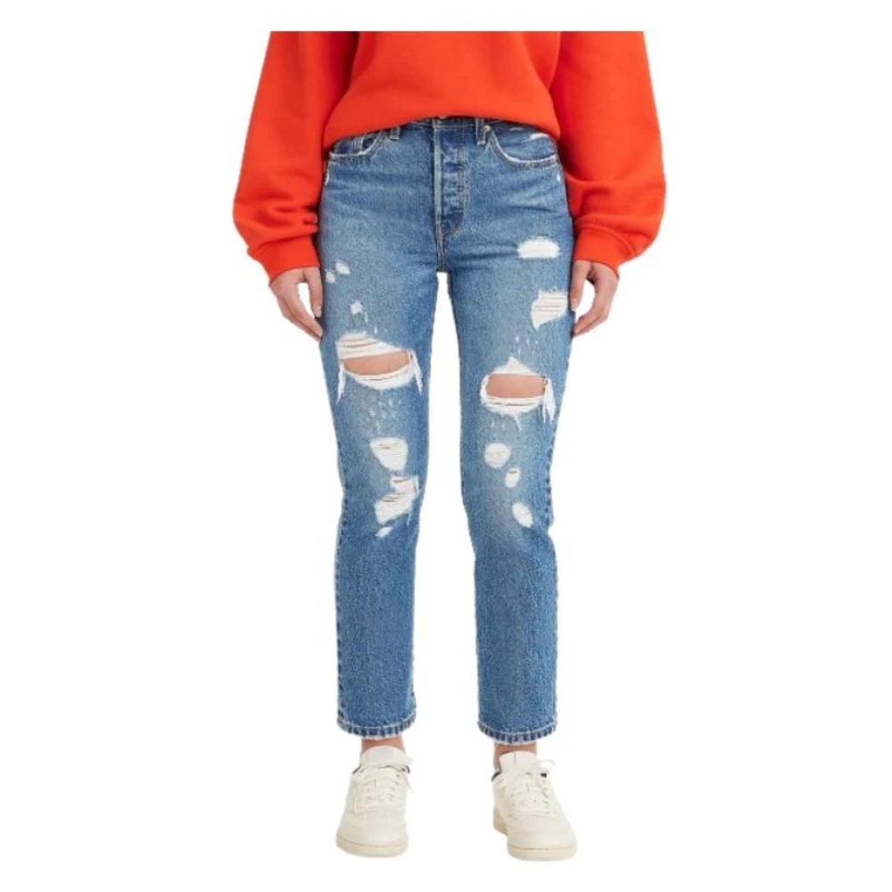 Levi 501 Women’s size 27 High Rise Straight Cropped Indigo Destructed Jeans